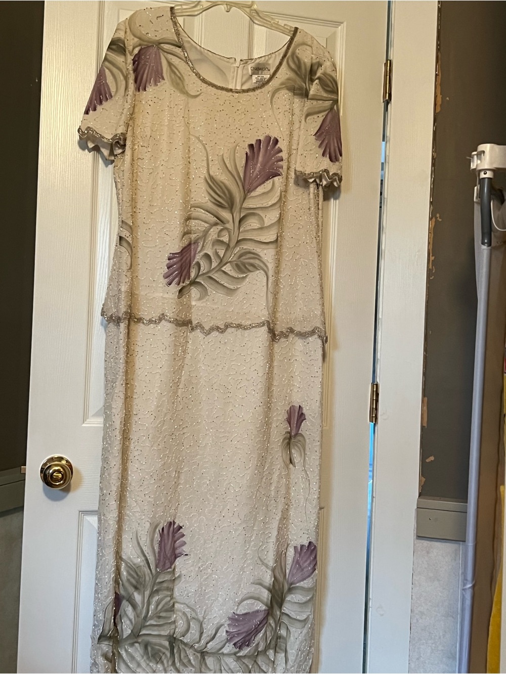 Vintage Chadwick’s Beaded Floral Embroidered Cream Maxi Dress - Lavender Accents